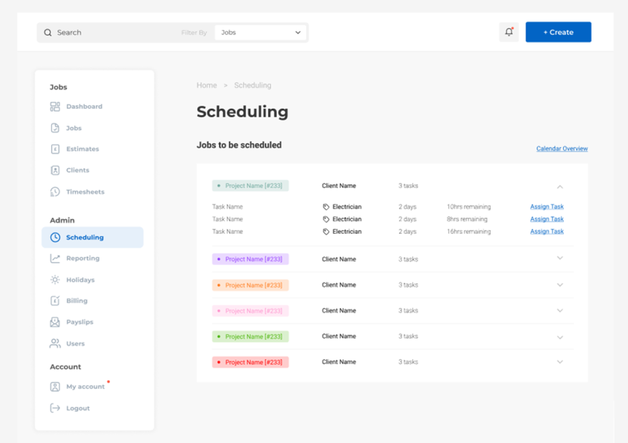 Screenshot of a work tracking system's scheduling dashboard showing a list of projects with tasks, client names, task durations, remaining hours and assign task links