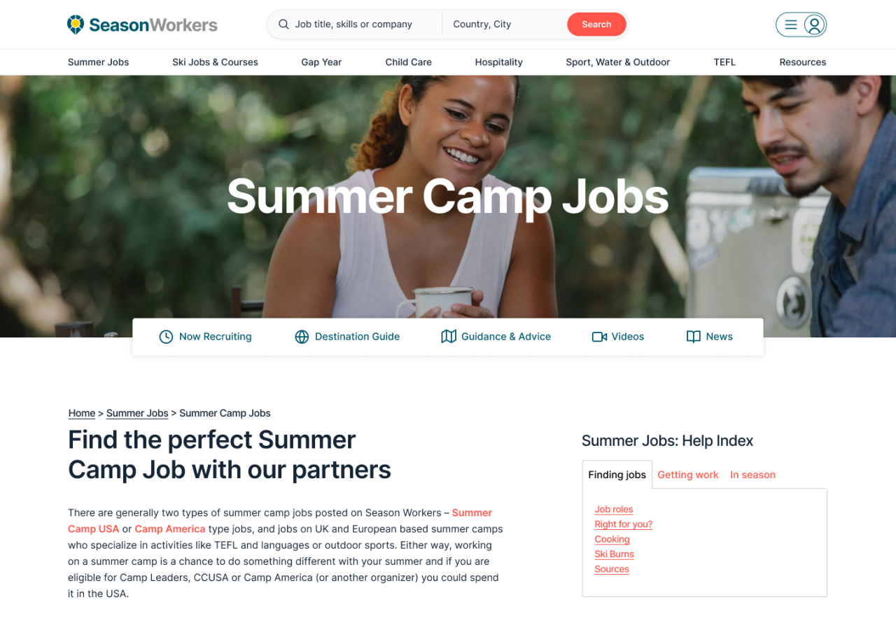 Screenshot of Season Workers website user interface showing the Summer Camp Jobs page with navigation menu and search bar