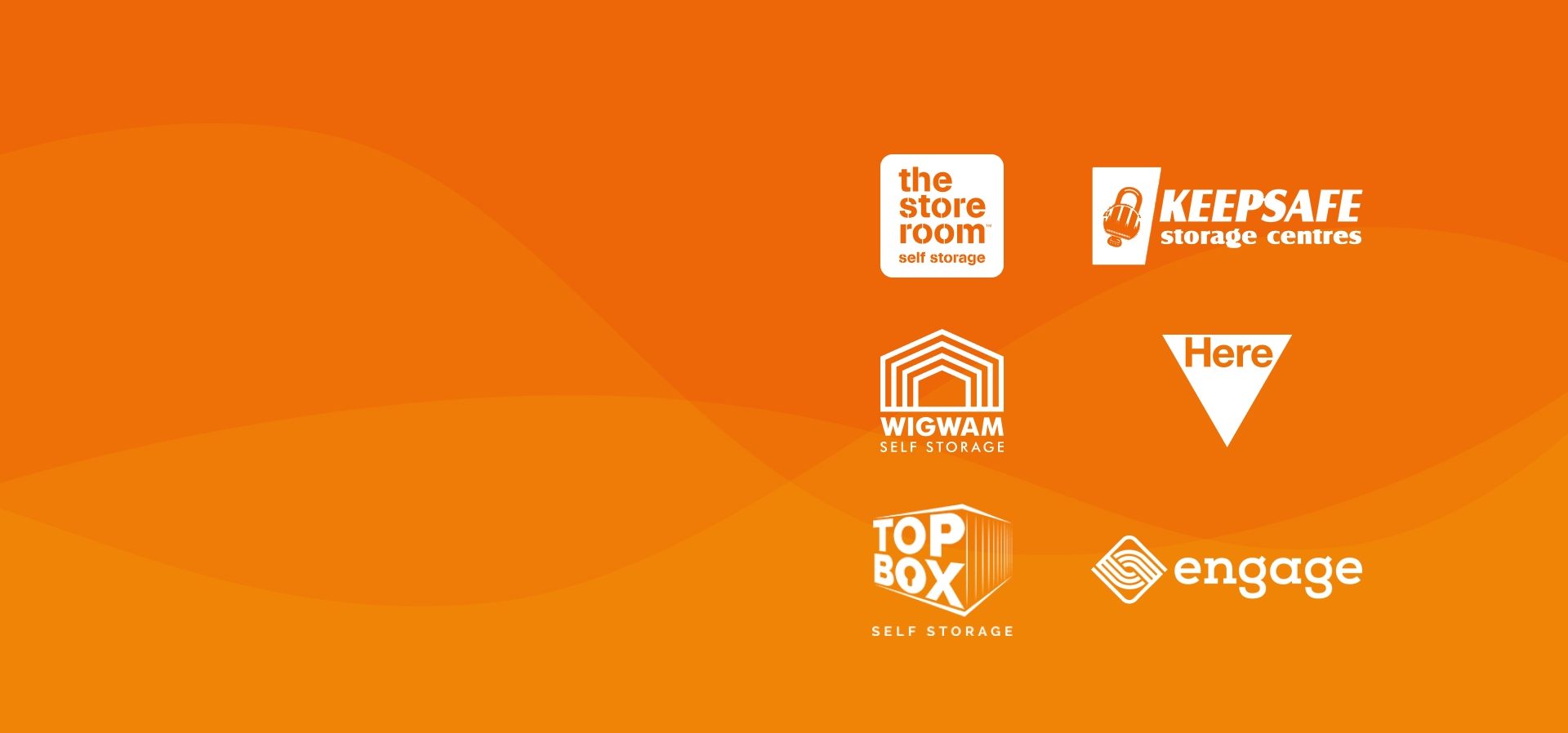 Mobile banner showing client logos for The Store Room, Keepsafe, Wigwam, Here, Top Box, and Engage on an orange background