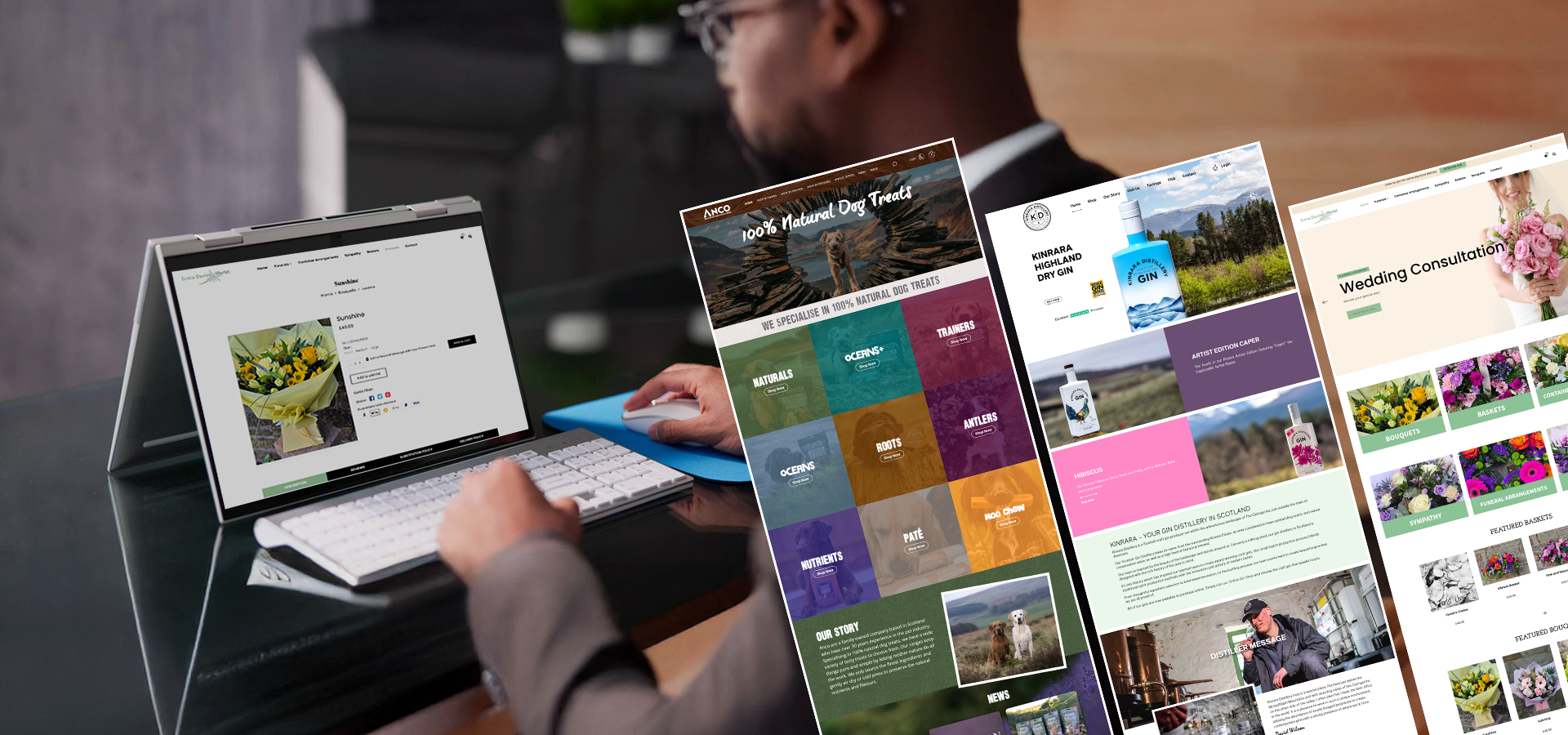 Person using computer and mouse with ecommerce websites showing products on desktop and mobile screens, illustrating custom online store development