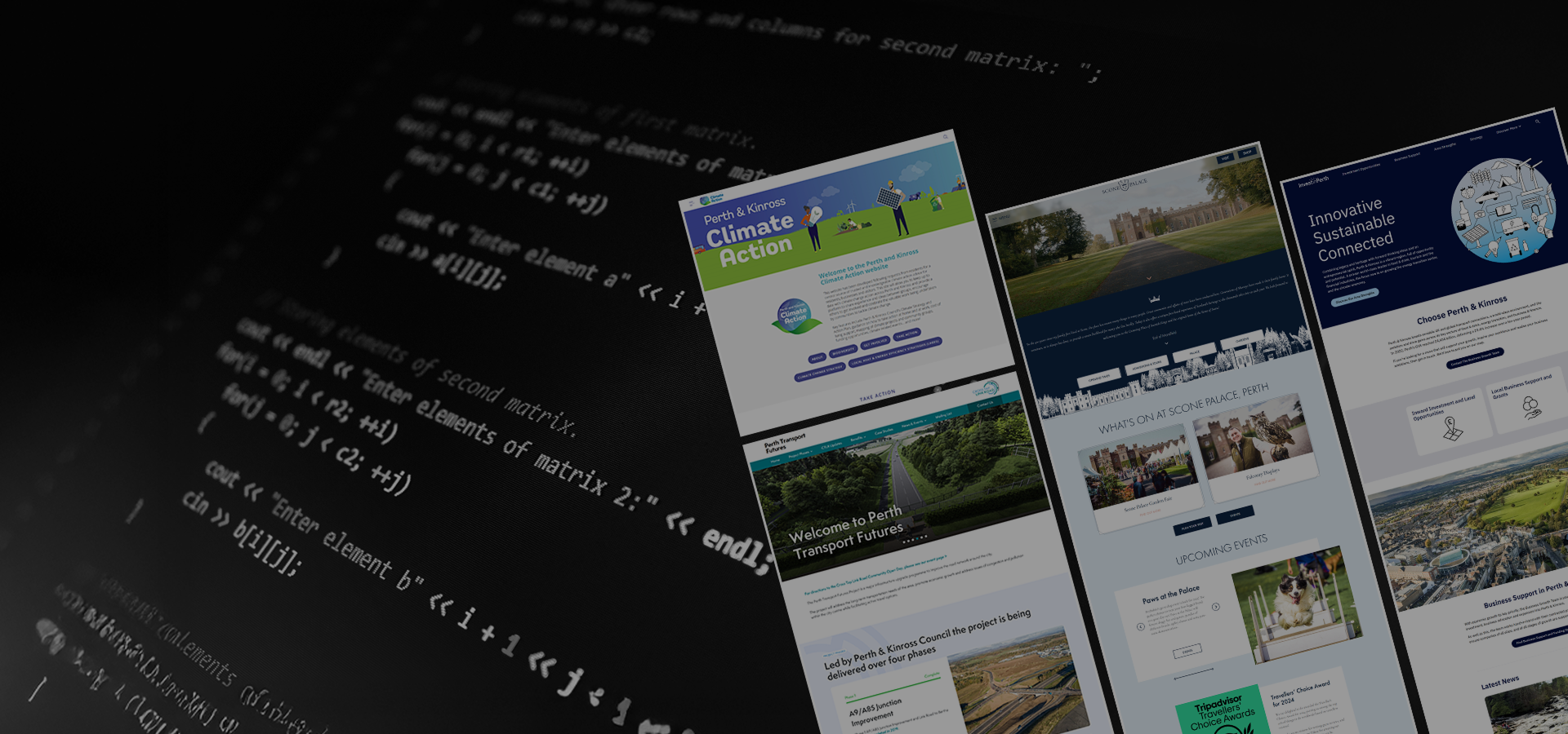 Screenshot collage highlighting various website projects and coding background representing web development services