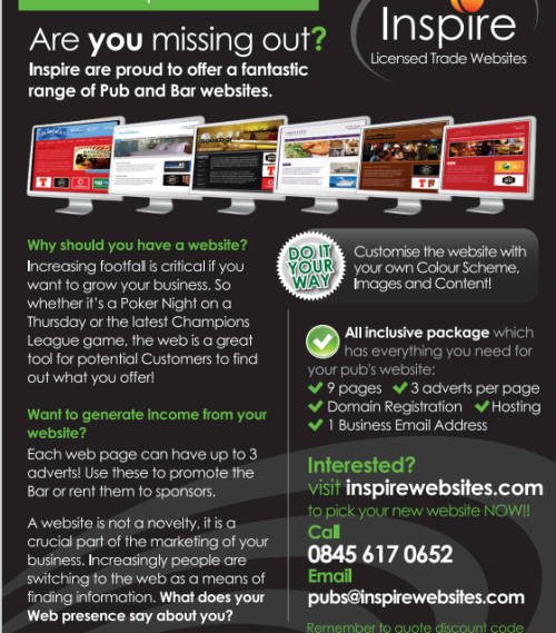 Promotional graphic detailing a website offer for Belhaven customers, showing example pub websites, pricing from £29.32 per month, and contact details for Inspire Licensed Trade Websites