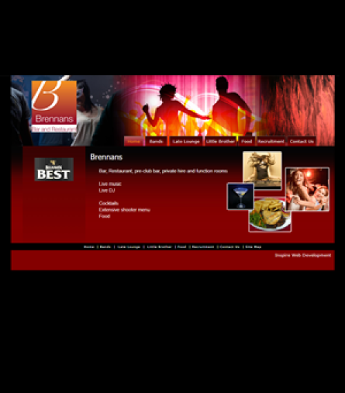 Homepage of Brennans Bar and Restaurant website showing navigation menu and promotional images