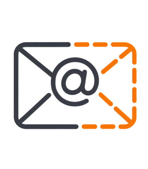Graphic icon of an email envelope with an at symbol and dashed arrow pointing outward