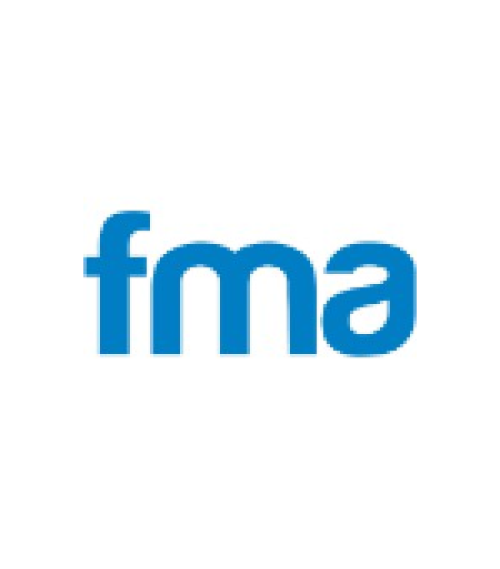 Blue letters fma in lowercase on white background