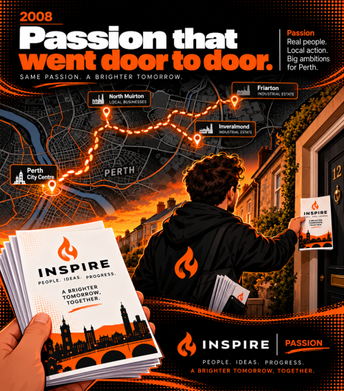 Recreated Inspire flyer and Perth street map representing early door-to-door business canvassing