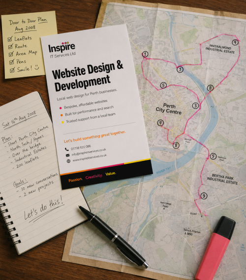 Recreated Inspire flyer and Perth street map representing early door-to-door business canvassing