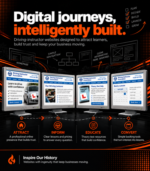 Early driving-instructor website designs displayed across desktop computer screens