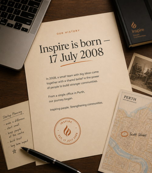 Archival desk scene marking the founding of Inspire in Scott Street, Perth, on 17 July 2008