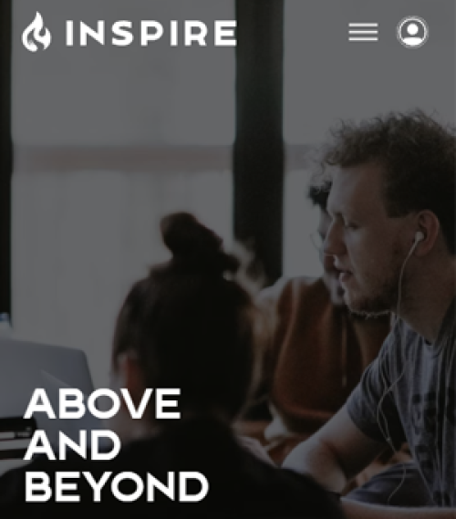 Partial view of a website mobile screen showing the Inspire logo, menu icons, and text 'Above and Beyond' with a person wearing earphones in the background.