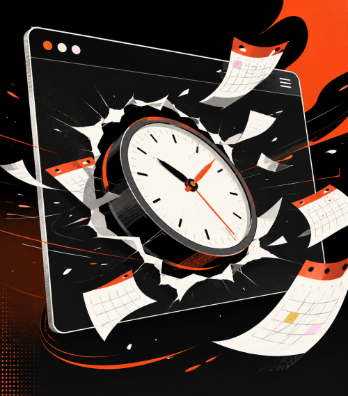 Calendar, fast-moving clock and ageing browser window illustrating how quickly website technology changed