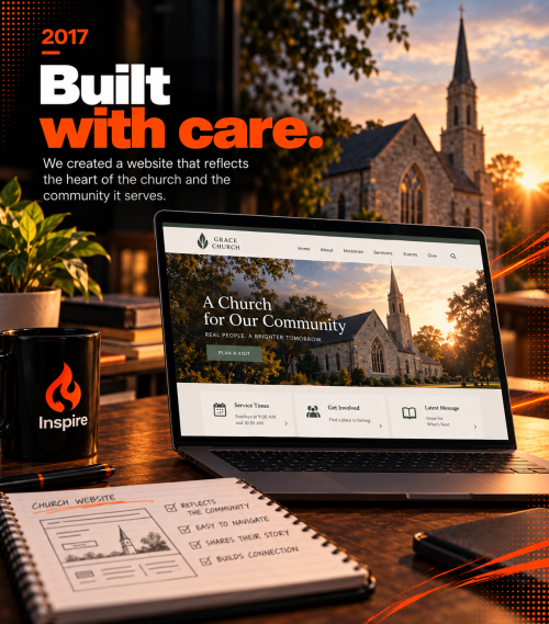 Church architecture displayed alongside the completed Our Lady of Lourdes website