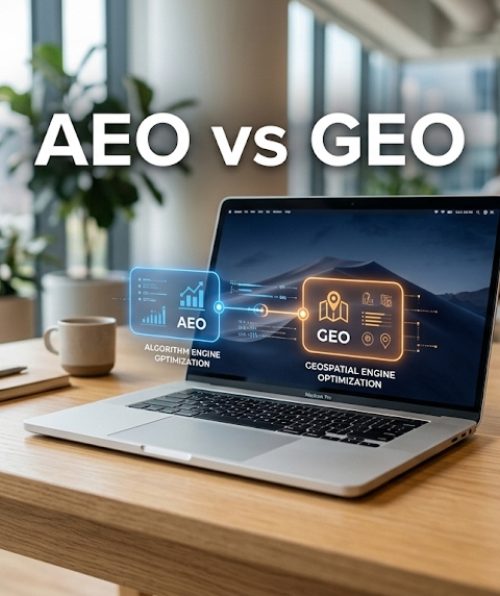 Laptop on office desk displaying digital graphics illustrating AEO and GEO search optimisation concepts with office background