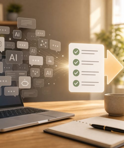 Laptop on wooden desk with glowing AI-related icons flowing into a glowing checklist with green ticks, alongside a notebook, pen, and coffee cup