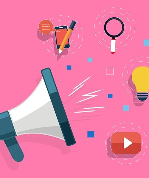 Illustration of a megaphone with social media-related icons including a magnifying glass, lightbulb, mobile phone with pencil, and video play button on a pink background symbolising social media marketing