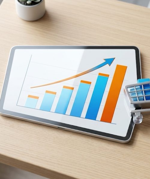 Tablet displaying a rising bar graph representing e-commerce growth with a small shopping cart model on a wooden table