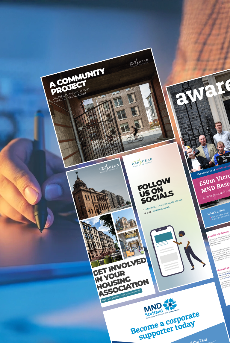 Printed brochure featuring community housing association project visuals, social media call-to-action, and promotional content held above a digital tablet screen