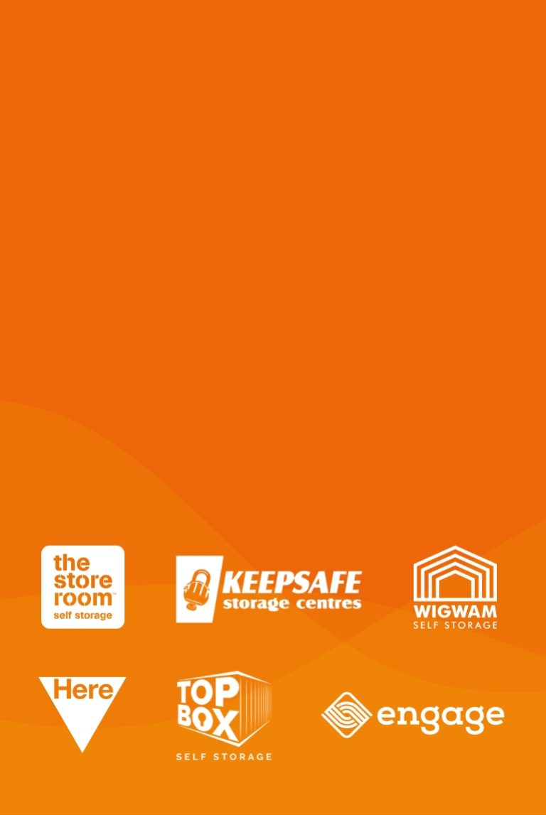 Six client logos for self storage companies displayed on an orange background