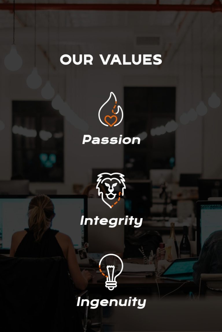 Office workspace with text overlay showing values: Passion with flame and heart icon, Integrity with lion icon, and Ingenuity with lightbulb icon