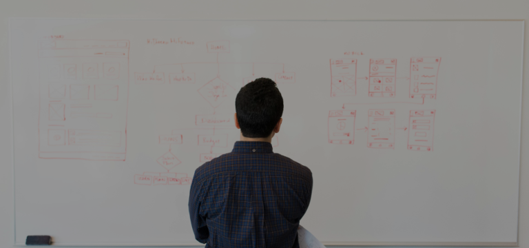 Person looking at whiteboard with sketches and flowcharts of website and mobile app system designs