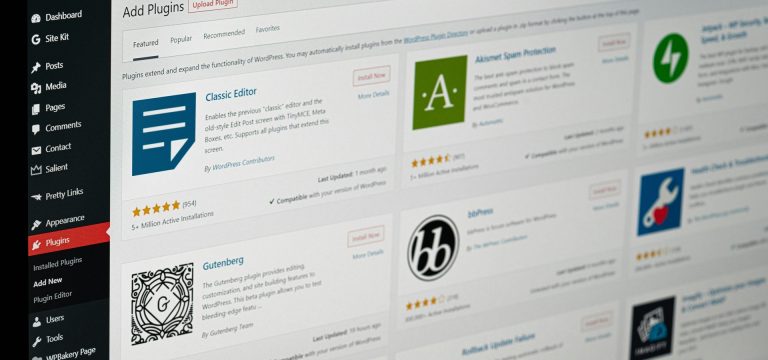 WordPress admin dashboard showing the Plugins Add New screen with plugin options such as Classic Editor, Akismet Spam Protection, and Gutenberg