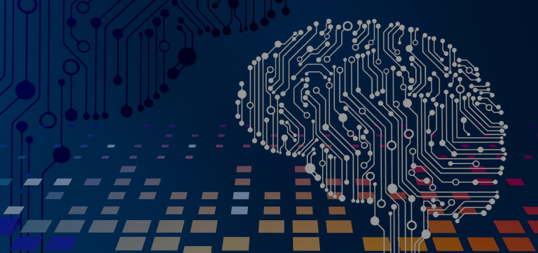 Digital illustration of a brain formed by electronic circuit lines, representing artificial intelligence and technology integration on a dark background with colorful digital squares