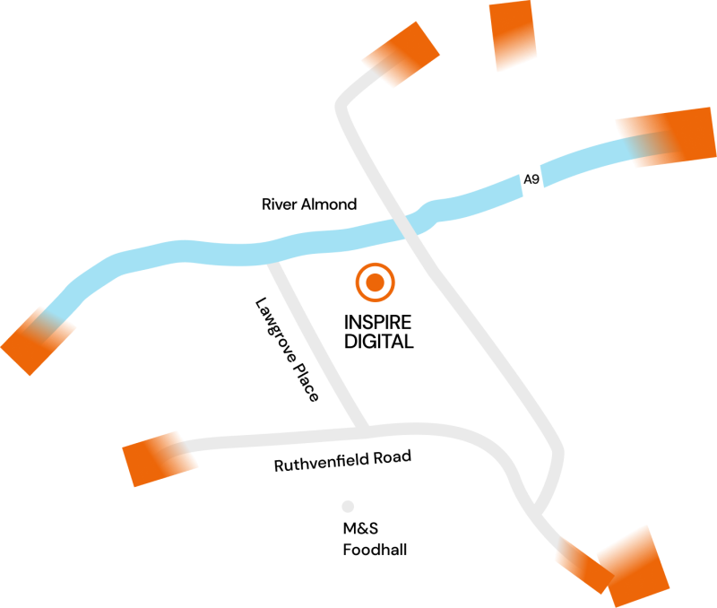 Simplified map showing Inspire Digital's head office location in Perth with nearby roads and the A9 motorway highlighted