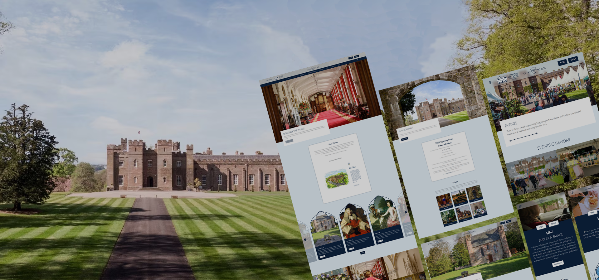Scone Palace website design mock-ups displayed over a photograph of the historic palace and landscaped grounds in Perthshire.