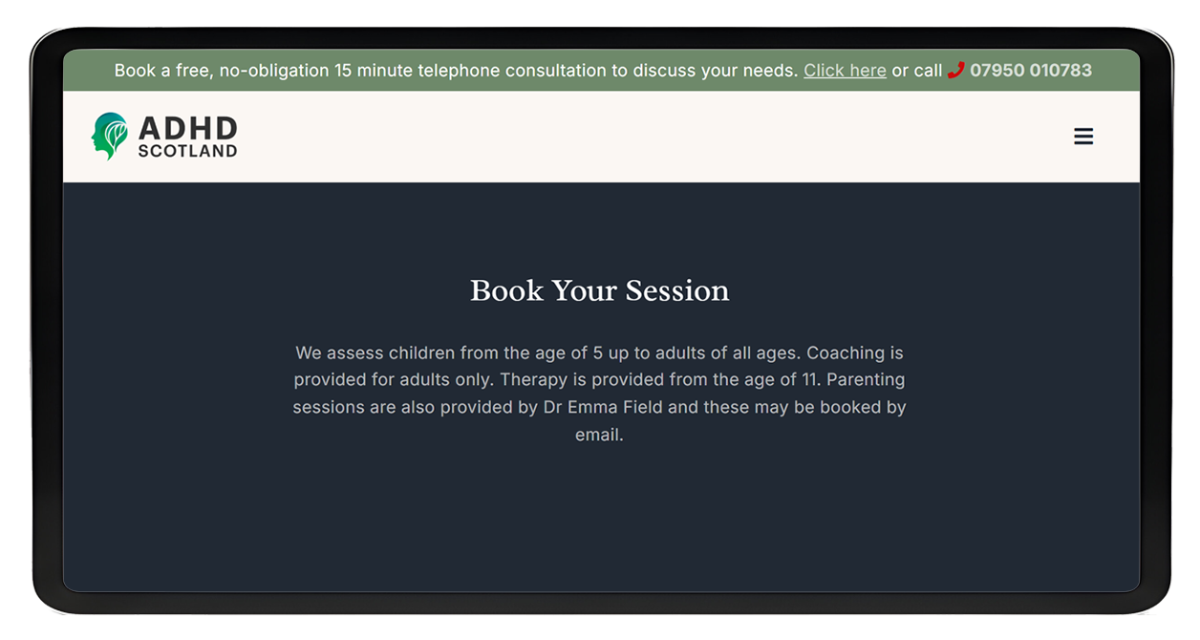 Tablet screen showing ADHD Scotland website session booking page with information on assessment and coaching sessions for different age groups