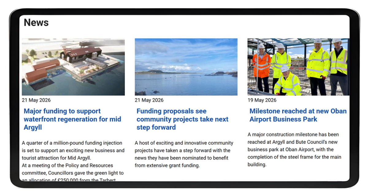 Tablet screen showing news section of the Argyll and Bute Council website with three news items including images and headlines about local funding and construction updates