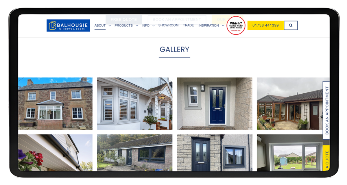 Tablet screen showing Balhousie Glazing website gallery page with images of windows, doors, and conservatories installed on Scottish homes