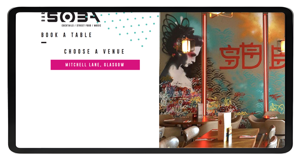 Tablet displaying Bar Soba website booking page with option to choose venue Mitchell Lane Glasgow and interior mural artwork
