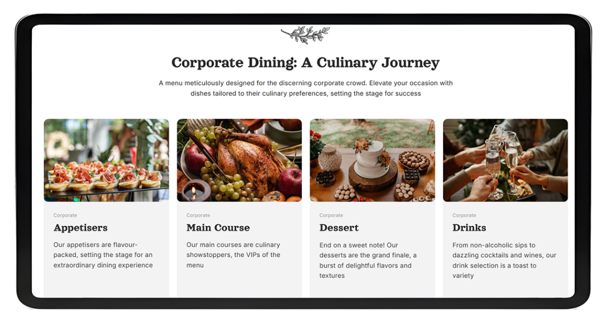 Tablet displaying a corporate dining menu webpage showing sections for Appetisers, Main Course, Dessert and Drinks with corresponding food and drink images