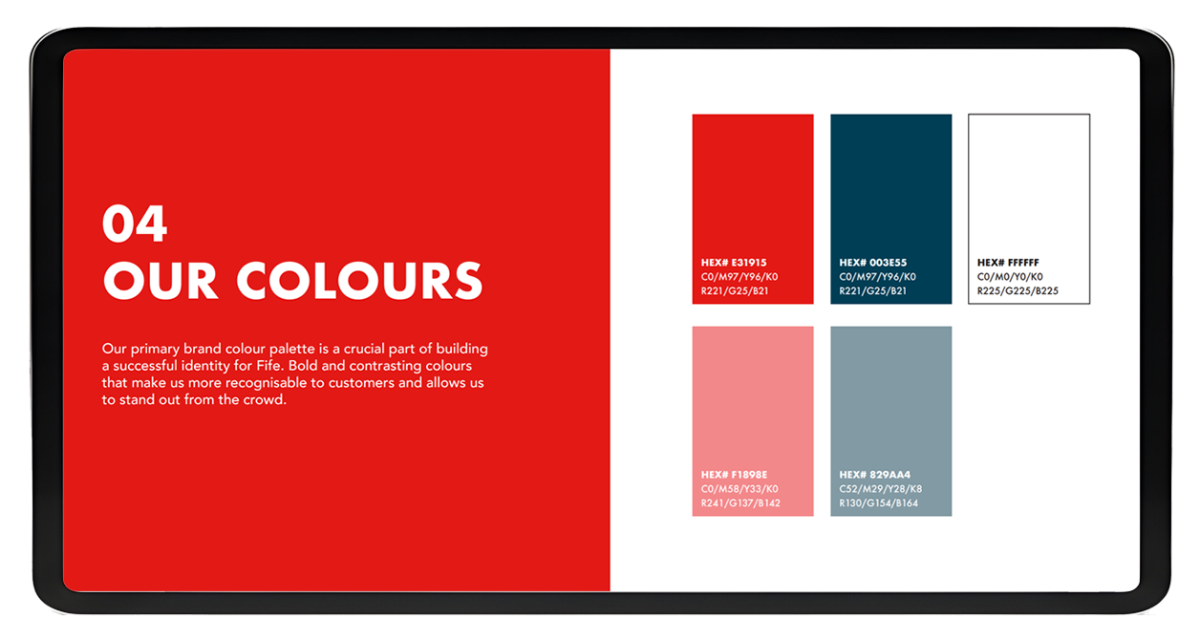 Tablet screen showing Fife Chamber's brand colour palette with red, dark blue, white, pink and grey colour swatches and their HEX and RGB codes