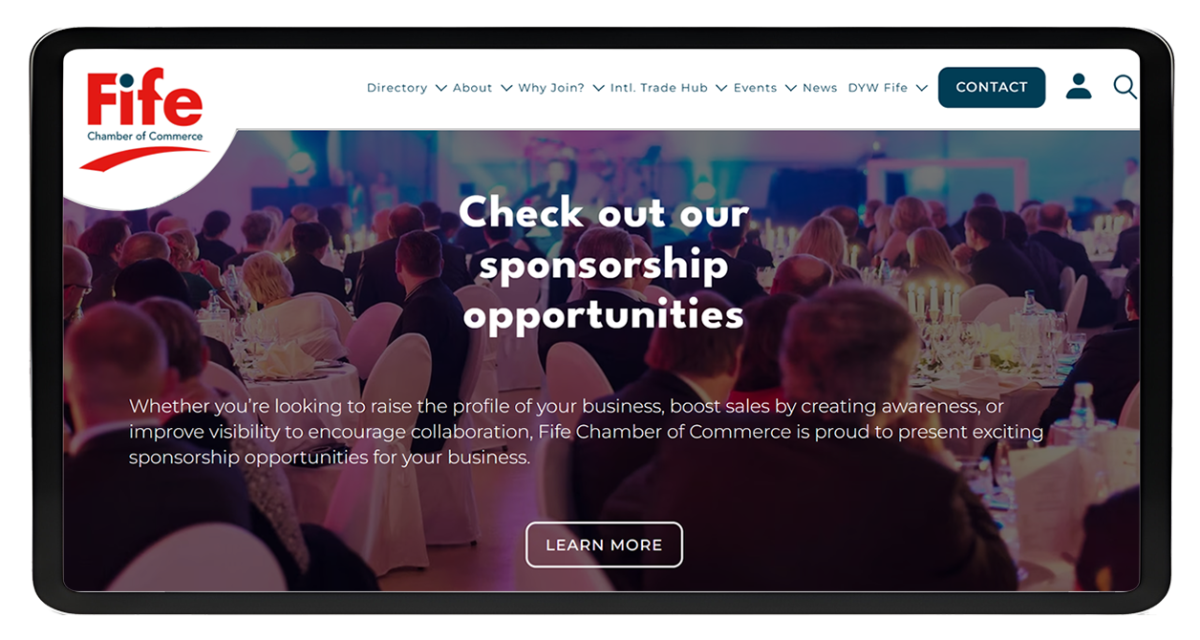 Tablet showing Fife Chamber of Commerce website homepage with sponsorship opportunities and event image background