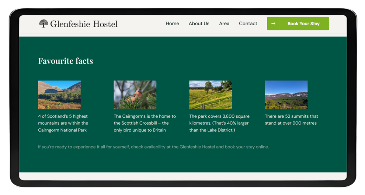 Tablet screen showing Glenfeshie Hostel website's Favourite Facts section with images and facts about Cairngorm National Park and local wildlife