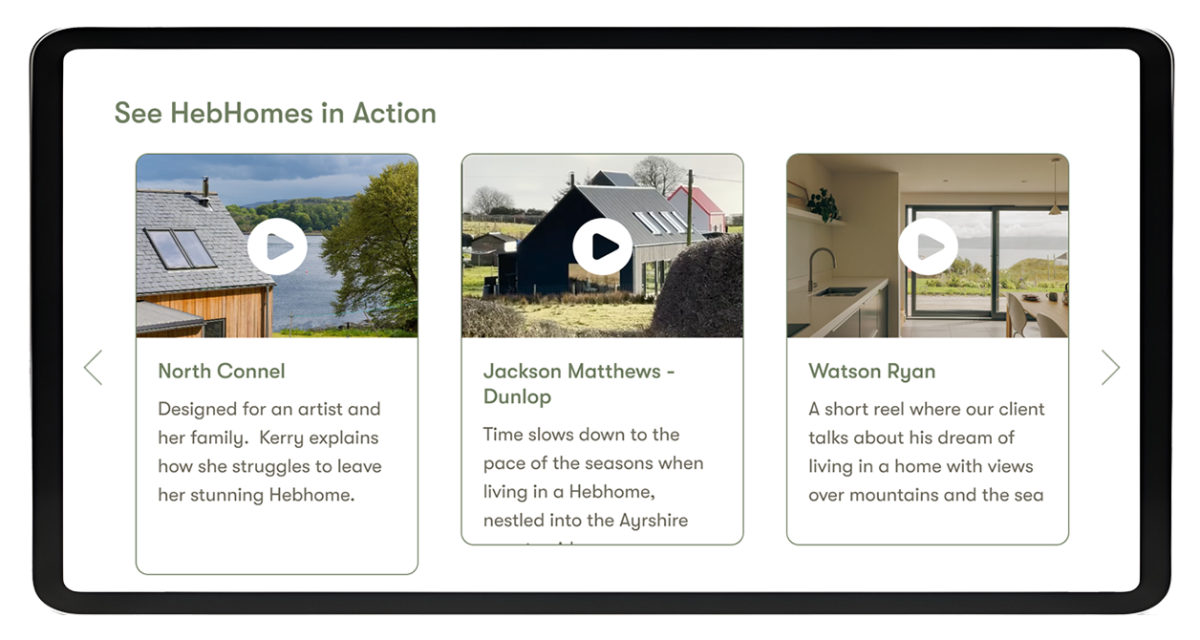 Tablet screen showing Heb Homes website section with video thumbnails and descriptions of homes at North Connel, Jackson Matthews - Dunlop, and Watson Ryan highlighting customer stories and home features