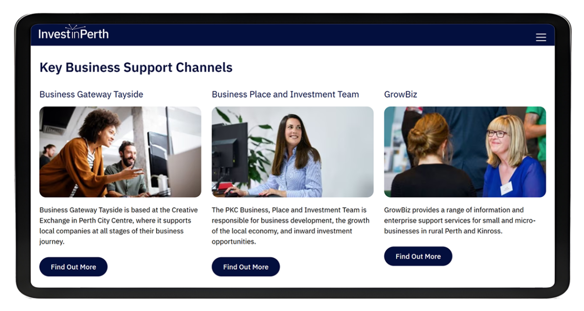 Tablet screen showing Invest in Perth website with three key business support channels: Business Gateway Tayside, Business Place and Investment Team, and GrowBiz, each with a short description and Find Out More button.