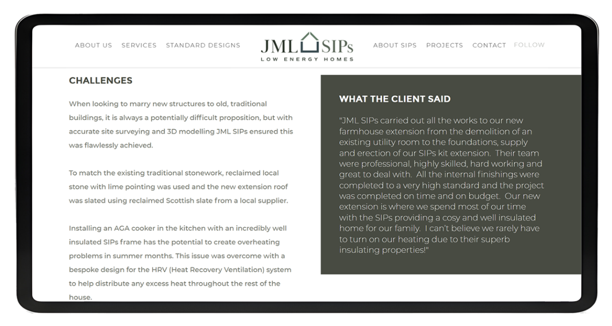 Tablet displaying JML SIPS website showing challenges of building with SIPs and client testimonial about farmhouse extension project