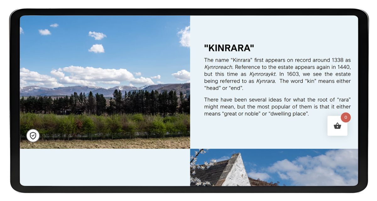 Tablet showing the Kinrara Distillery website featuring landscape image and text about the name origin of Kinrara