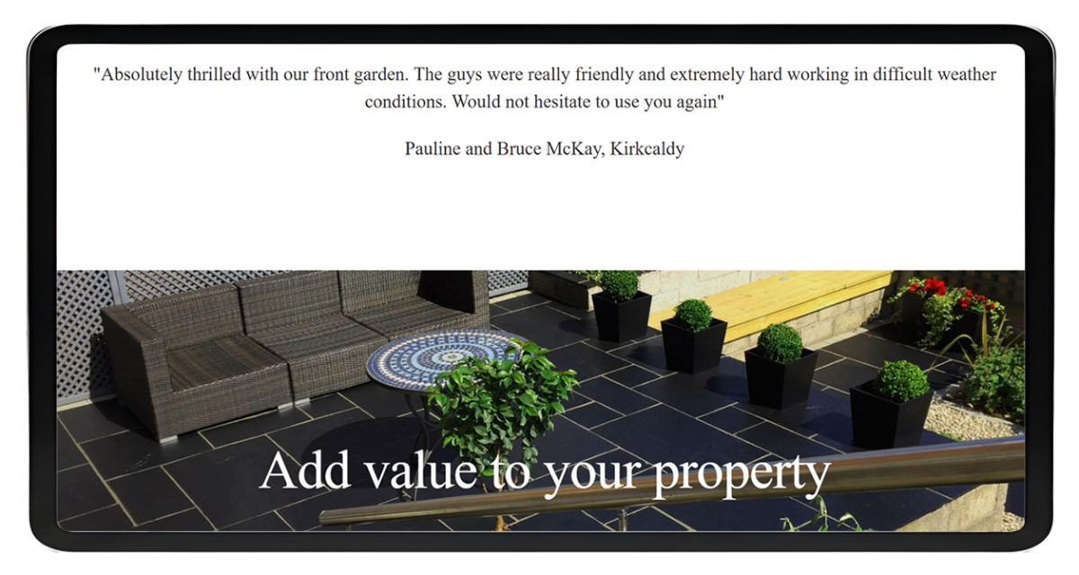 Tablet displaying the Landscape Brothers website showing a garden patio with black tiled flooring, wicker sofa, potted plants, and text reading 'Add value to your property'.