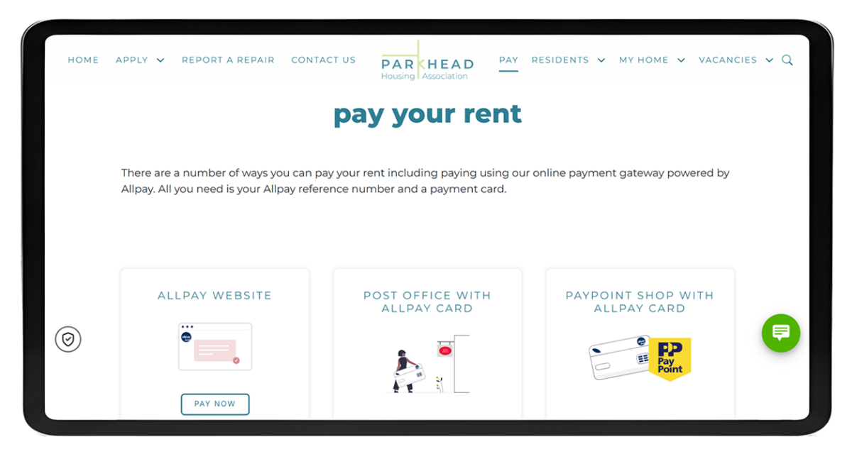 Tablet screen showing the Parkhead Housing Association website page with options to pay rent using Allpay website, post office with Allpay card, or PayPoint shop with Allpay card.