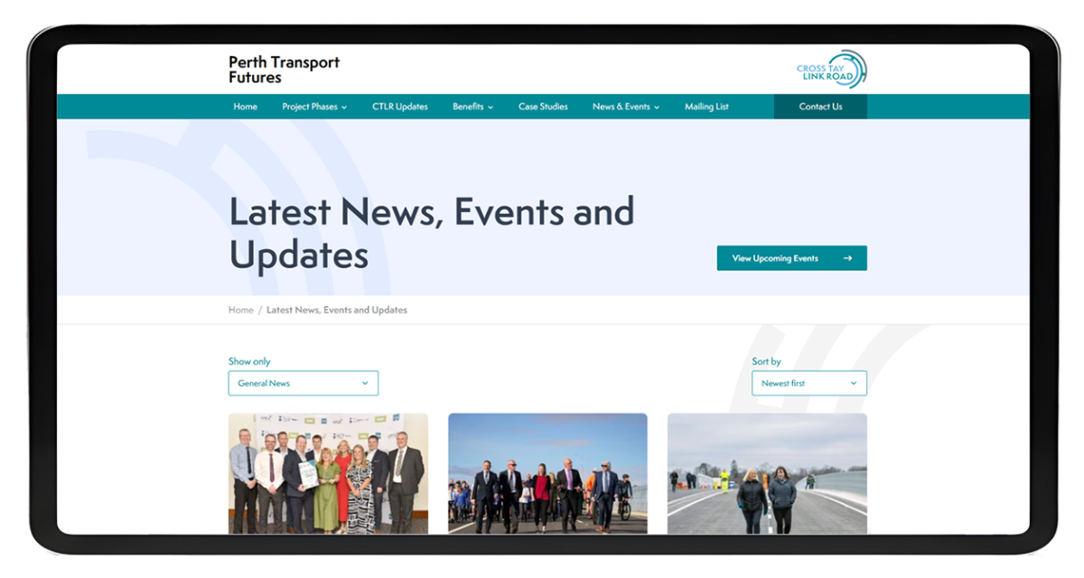 Tablet screen showing Perth Transport Futures website with navigation menu and Latest News, Events and Updates section