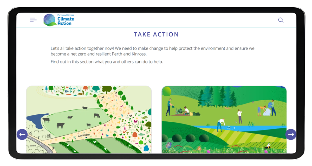 Tablet displaying PK Climate Action website with Take Action page showing community environmental activities and natural green-themed illustrations