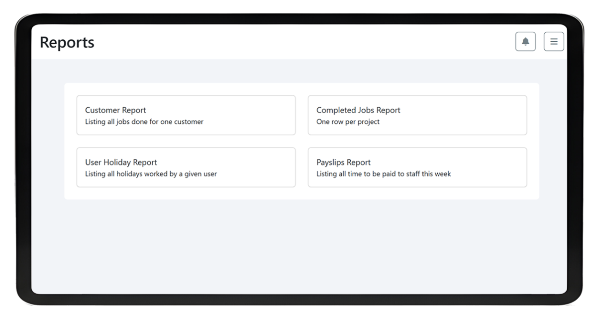 Tablet displaying RL Rattray bespoke work tracking system reports screen with options for customer report, completed jobs report, user holiday report, and payslips report.
