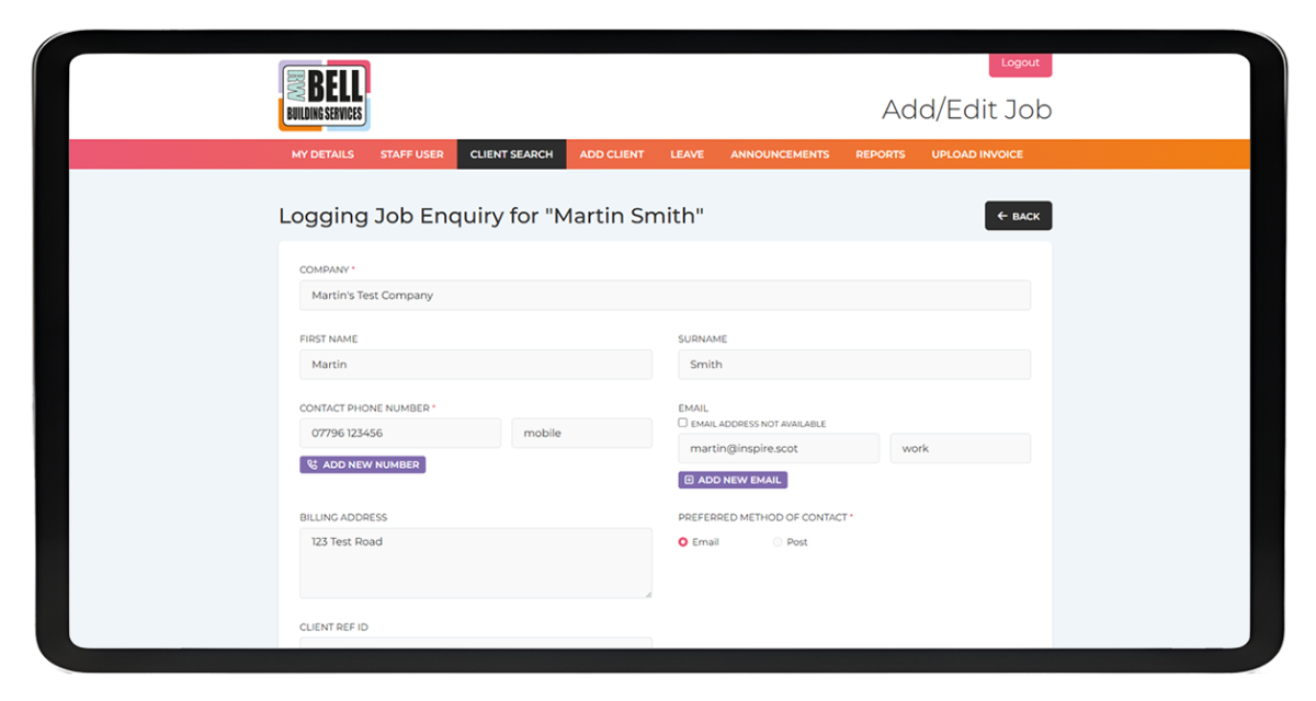 Add/Edit Job page on RW Bell bespoke work tracking system showing job enquiry form for client Martin Smith with company, contact, email, and billing address fields.
