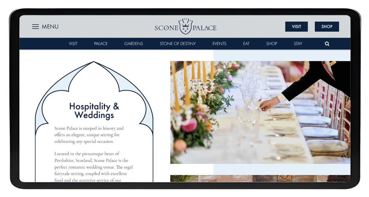 Tablet screen displaying Scone Palace website featuring hospitality and weddings section with elegant table setting image