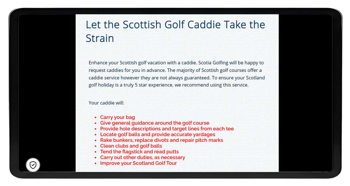 Tablet screen showing Scotia Golfing website text describing the benefits and duties of a Scottish golf caddie service