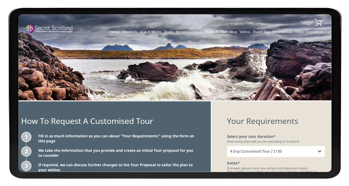 Tablet displaying Secret Scotland website showing rugged coastal landscape and tour request form