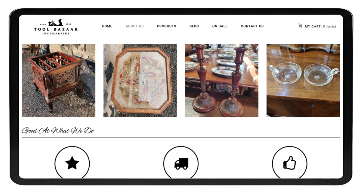 Tablet displaying Tool Bazaar Shopify homepage featuring antique furniture and homeware images with navigation menu and shopping cart